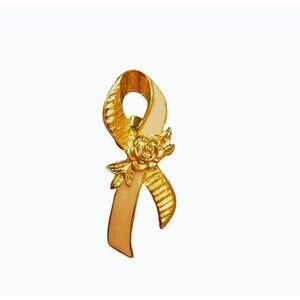 Vintage Avon Gold Tone Pink Ribbon Rose Breast Cancer Awareness Brooch Pin 2"